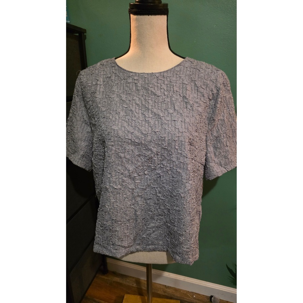 Melloday Blue Crinkle Popcorn Texture Short Sleeve Blouse Top Sz L CKT234545A-RM